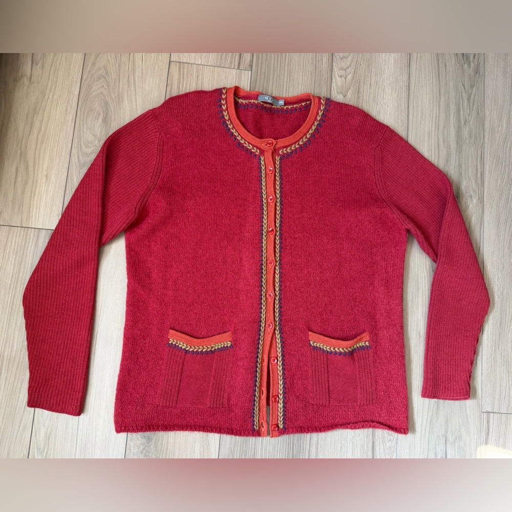 MFH Knits Alpaca Wool Embroidered Floral Women's Red Cardigan Sweater XXL